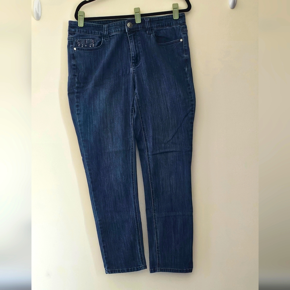 Secrets by David Vered Medium Blue Denim Wash  Embellished 4 Pocket Jean